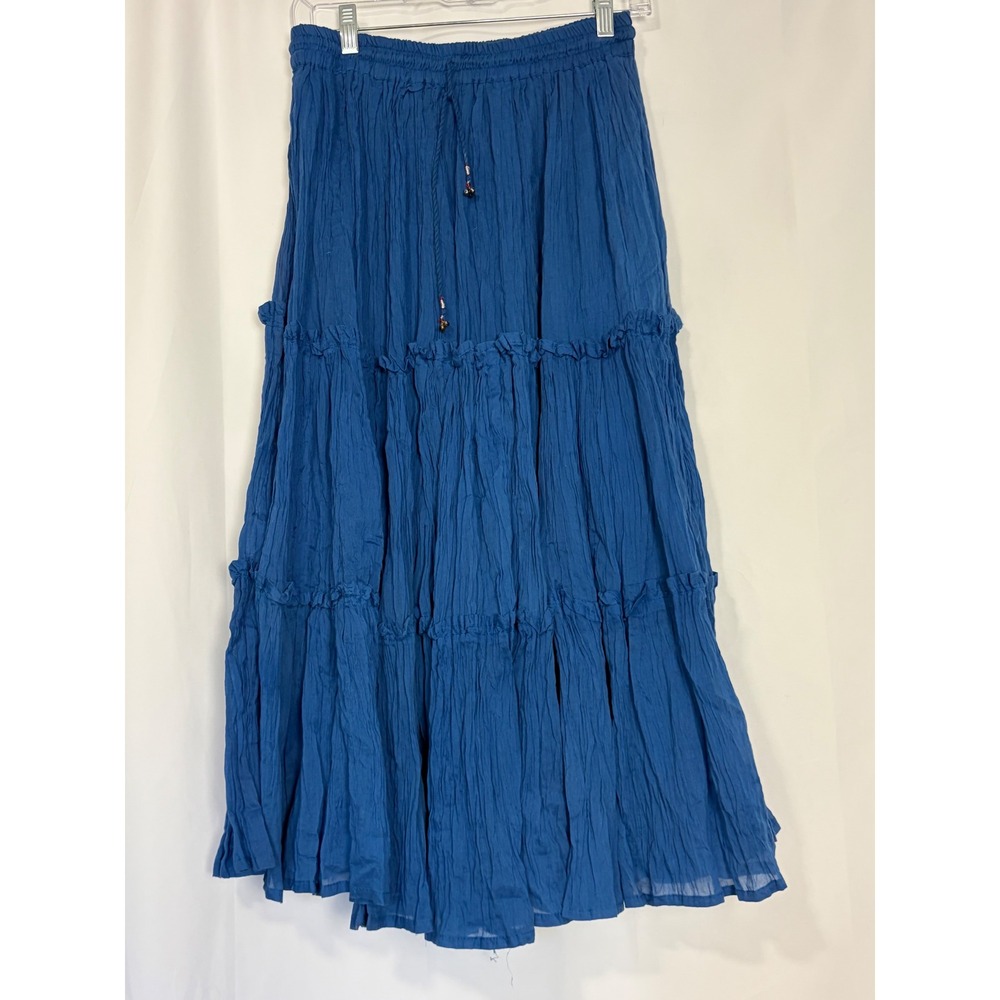 Blue Crinkle Cotton Tiered Maxi Skirt Free Size Boho Hippie Festival Fall Cotton